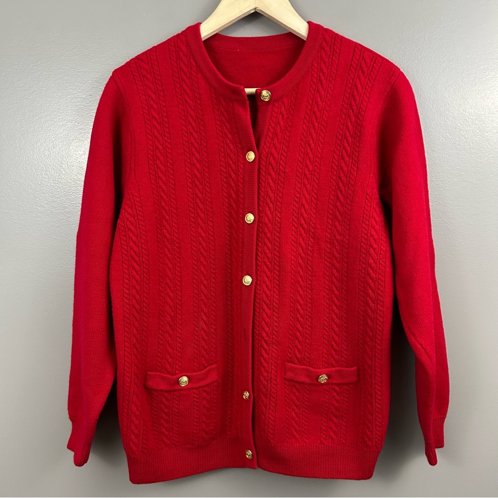 Talbots Red Button-Front Cable Cardigan - Picture 3 of 13